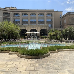 Facade and terrace of the Corinthia Palace Malta hotel located in San Anton, Malta.